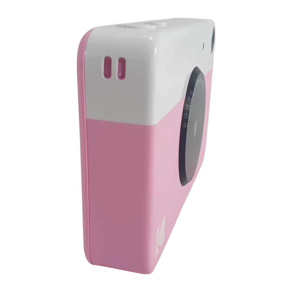 Kodak Printomatic 32GB Rosa, vista frontal: objetivo 8mm, flash y logo Kodak en cuerpo bicolor rosa y blanco - Ítem2