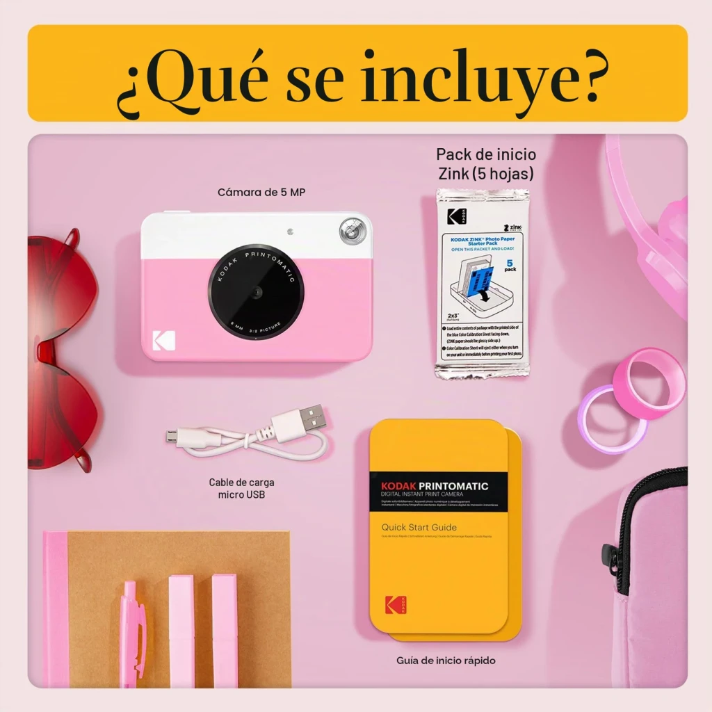 Kodak Printomatic 32GB Rosa, vista frontal: objetivo 8mm, flash y logo Kodak en cuerpo bicolor rosa y blanco - Ítem6
