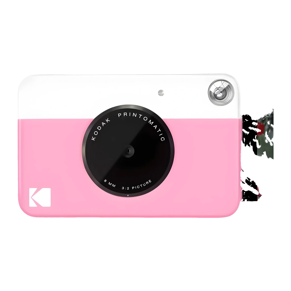 Kodak Printomatic 32GB Rosa, vista frontal: objetivo 8mm, flash y logo Kodak en cuerpo bicolor rosa y blanco - Ítem1