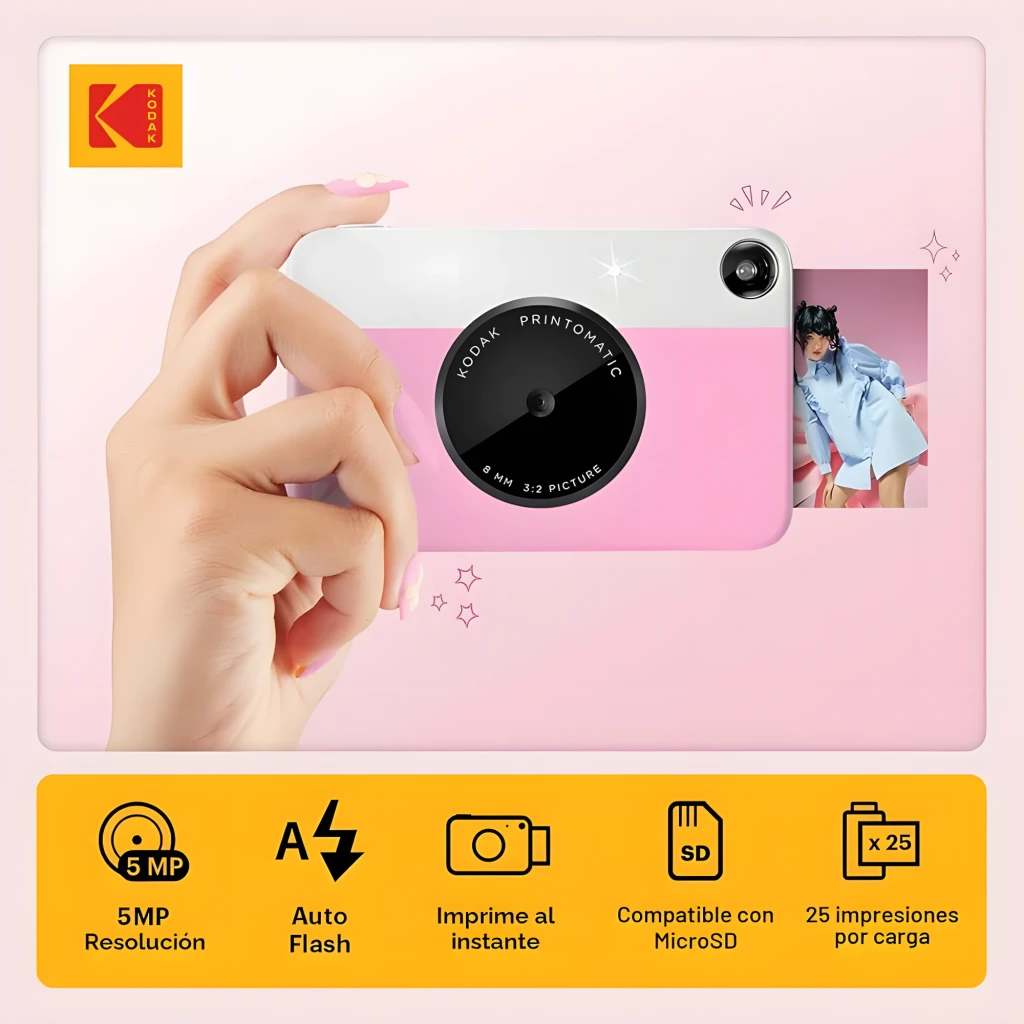 Kodak Printomatic 32GB Rosa, vista frontal: objetivo 8mm, flash y logo Kodak en cuerpo bicolor rosa y blanco - Ítem5