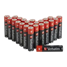 Verbatim Pilhas Alkaline AA LR6, vista conjunto: 24 pilhas em leque e uma pilha deitada em primeiro plano