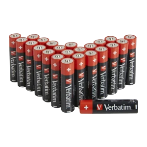 Verbatim Piles Alkaline AA LR6, vue ensemble: 24 piles en éventail et une pile à l'horizontale au premier plan
