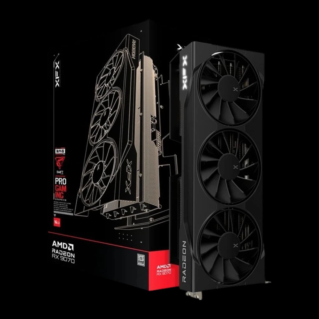 XFX Speedster Swift Radeon RX 9070 OC 16GB negro, kit con caja: tarjeta vertical junto a caja AMD Radeon RX 9070 con logo