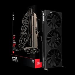 XFX Speedster Swift Radeon RX 9070 OC 16GB negro, kit con caja: tarjeta vertical junto a caja AMD Radeon RX 9070 con logo