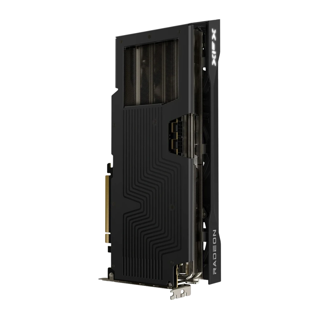 XFX Speedster Swift Radeon RX 9070 OC 16GB preto, kit com caixa: placa vertical ao lado da caixa AMD Radeon RX 9070 com logo - Item3