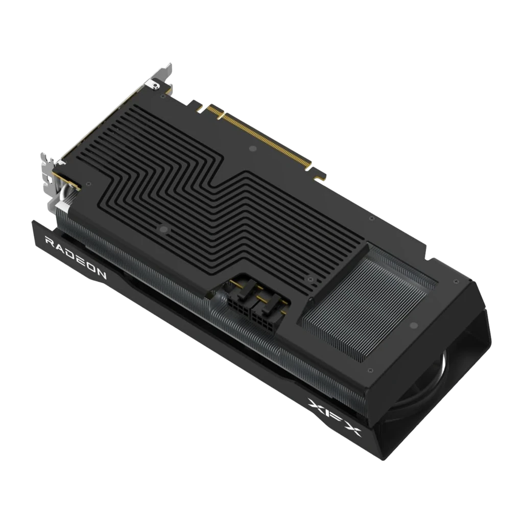 XFX Speedster Swift Radeon RX 9070 OC 16GB preto, kit com caixa: placa vertical ao lado da caixa AMD Radeon RX 9070 com logo - Item4