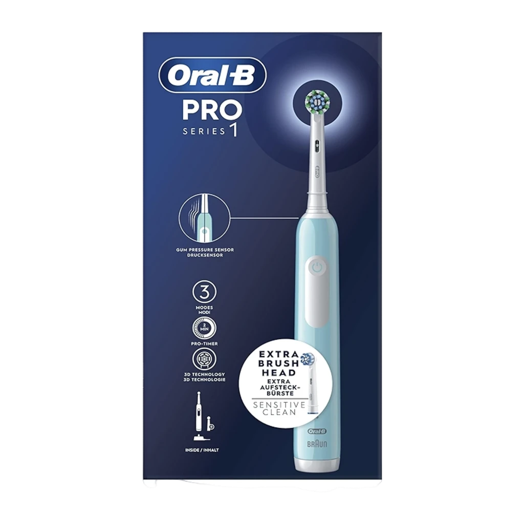 Oral-B Pro Series 1 CrossAction azul, vista frontal: mango azul con botón de encendido blanco, cabezal y base cargadora - Ítem2