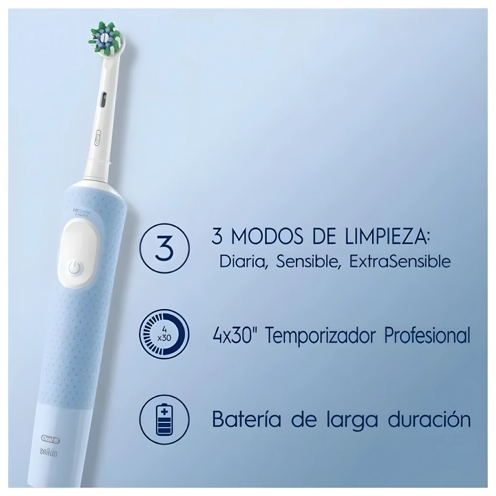 Oral-B Pro Series 1 CrossAction azul, vista frontal: mango azul con botón de encendido blanco, cabezal y base cargadora - Ítem3