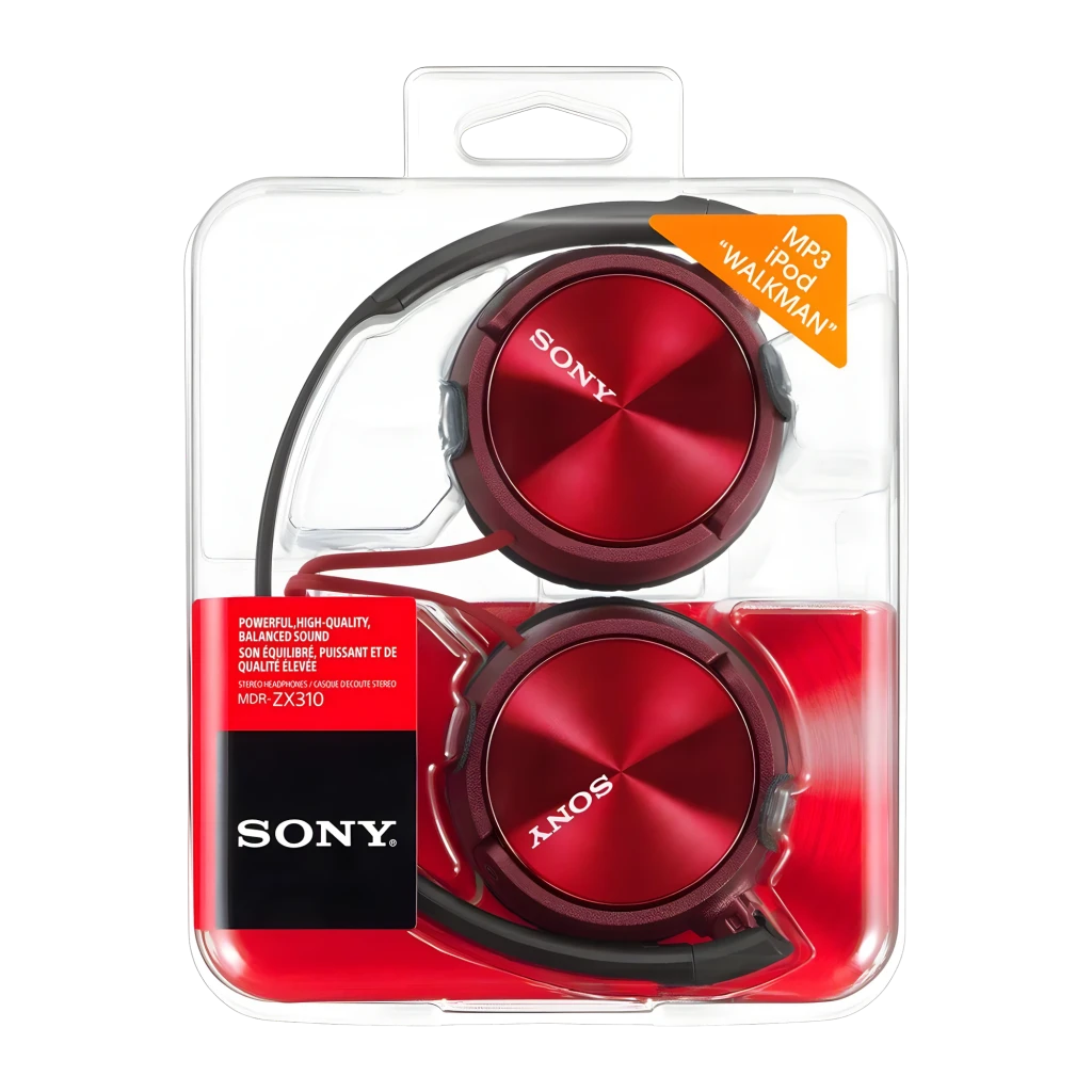 Sony MDR-ZX310 Vermelho, vista lateral: auscultadores supraaurais com concha vermelha metálica, arco preto e cabo vermelho - Item4
