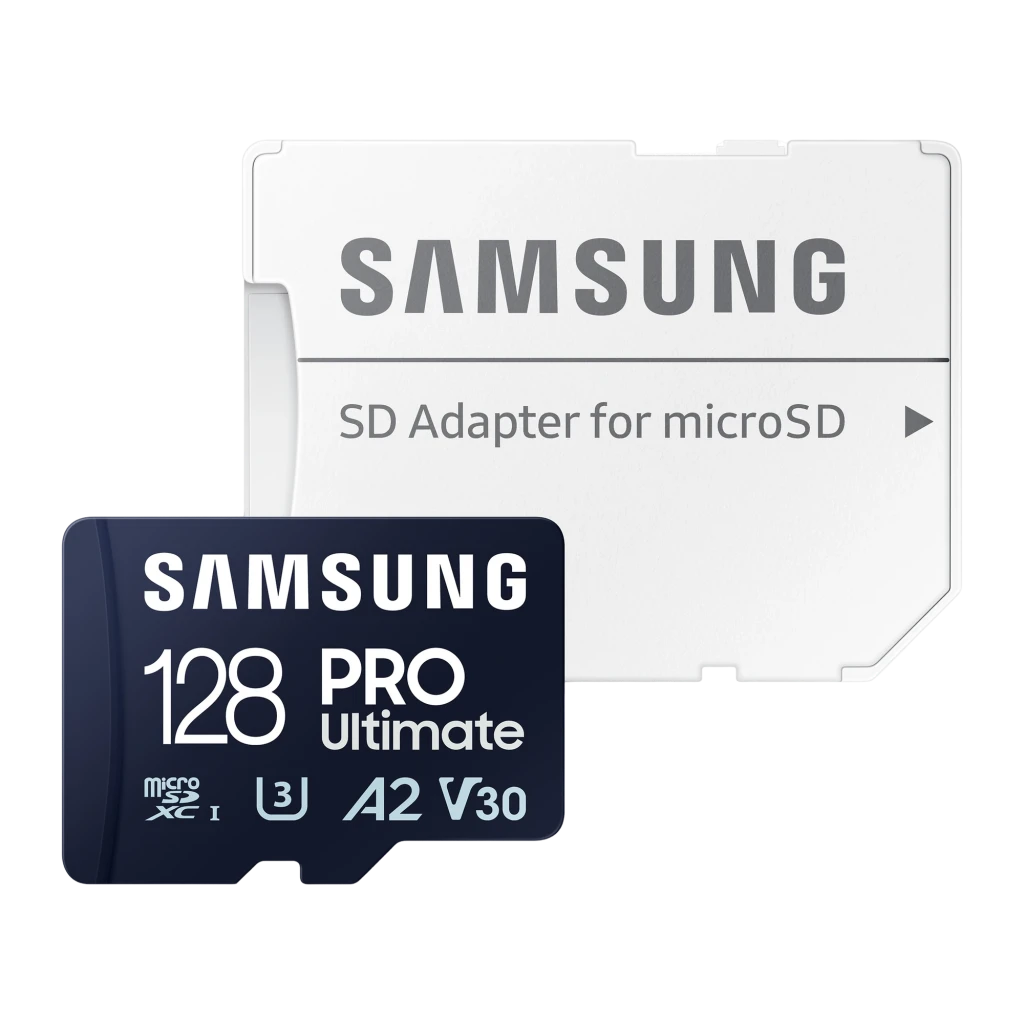 Samsung microSD Pro Ultimate 128GB azul, vista frontal: cara delantera con logo, capacidad y certificaciones U3 A2 V30 - Ítem2
