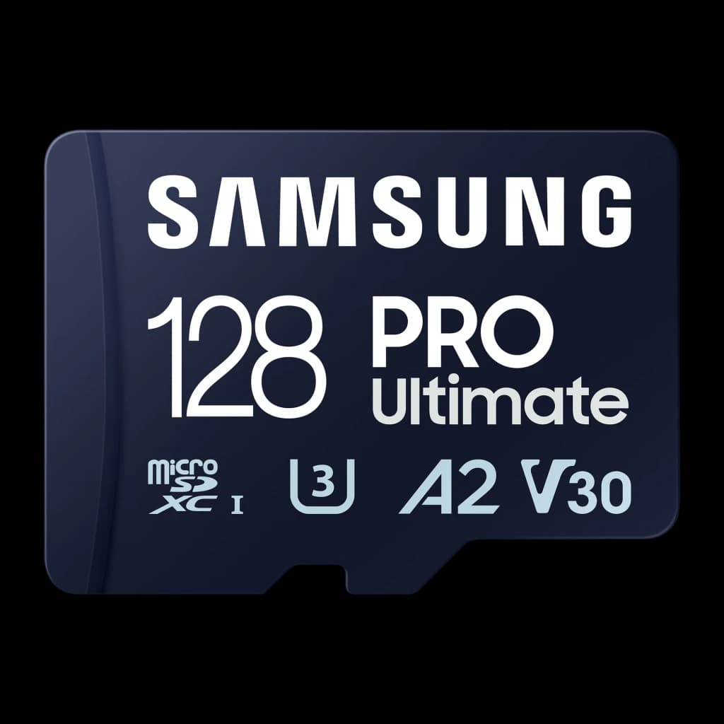 Samsung microSD Pro Ultimate 128GB azul, vista frontal: cara delantera con logo, capacidad y certificaciones U3 A2 V30