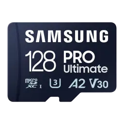 Samsung microSD Pro Ultimate 128GB azul, vista frontal: cara delantera con logo, capacidad y certificaciones U3 A2 V30