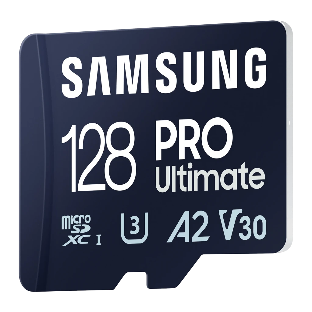 Samsung microSD Pro Ultimate 128GB azul, vista frontal: cara delantera con logo, capacidad y certificaciones U3 A2 V30 - Ítem1