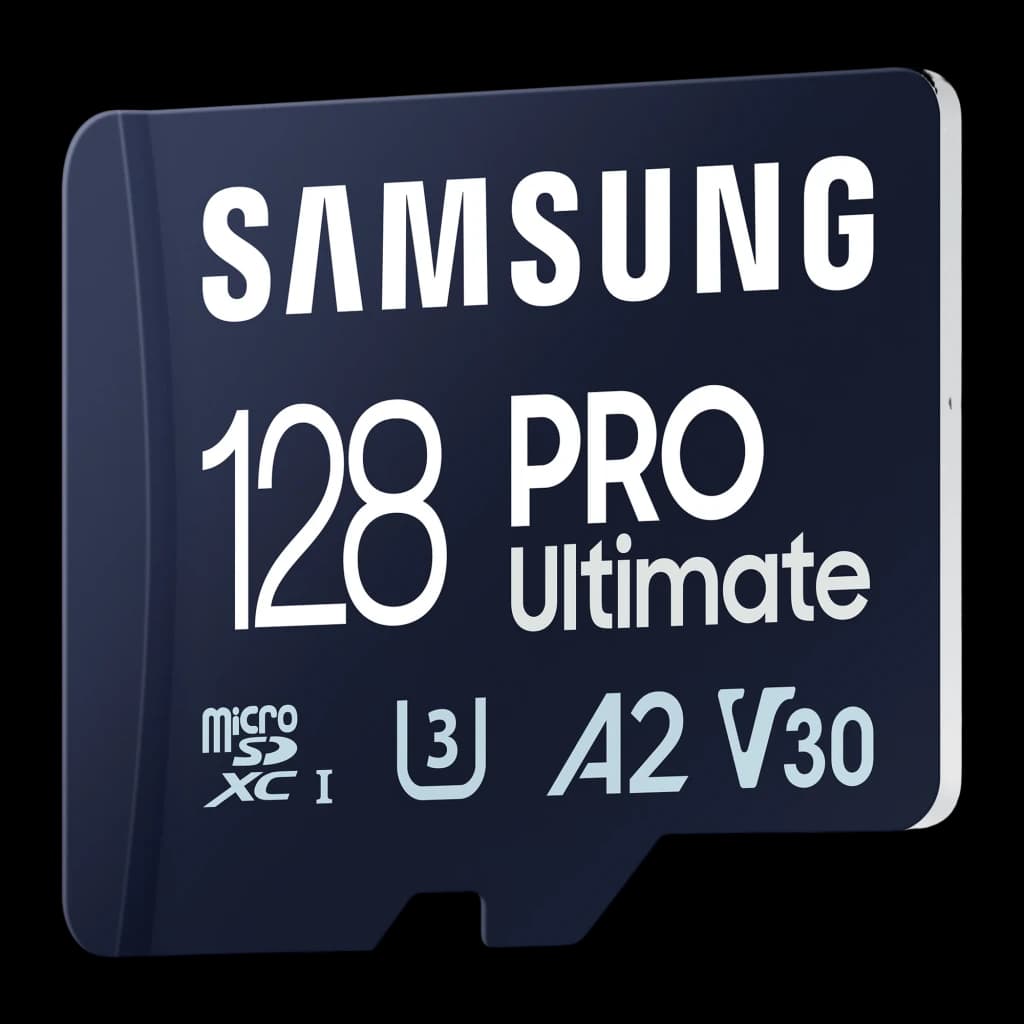 Samsung microSD Pro Ultimate 128GB azul, vista en ángulo: perspectiva lateral que muestra grosor y cara frontal con texto