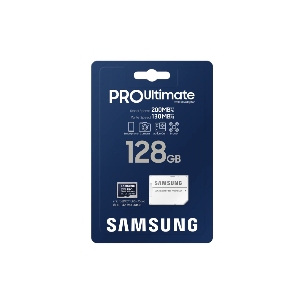 Samsung microSD Pro Ultimate 128GB azul, vista frontal: cara delantera con logo, capacidad y certificaciones U3 A2 V30 - Ítem4