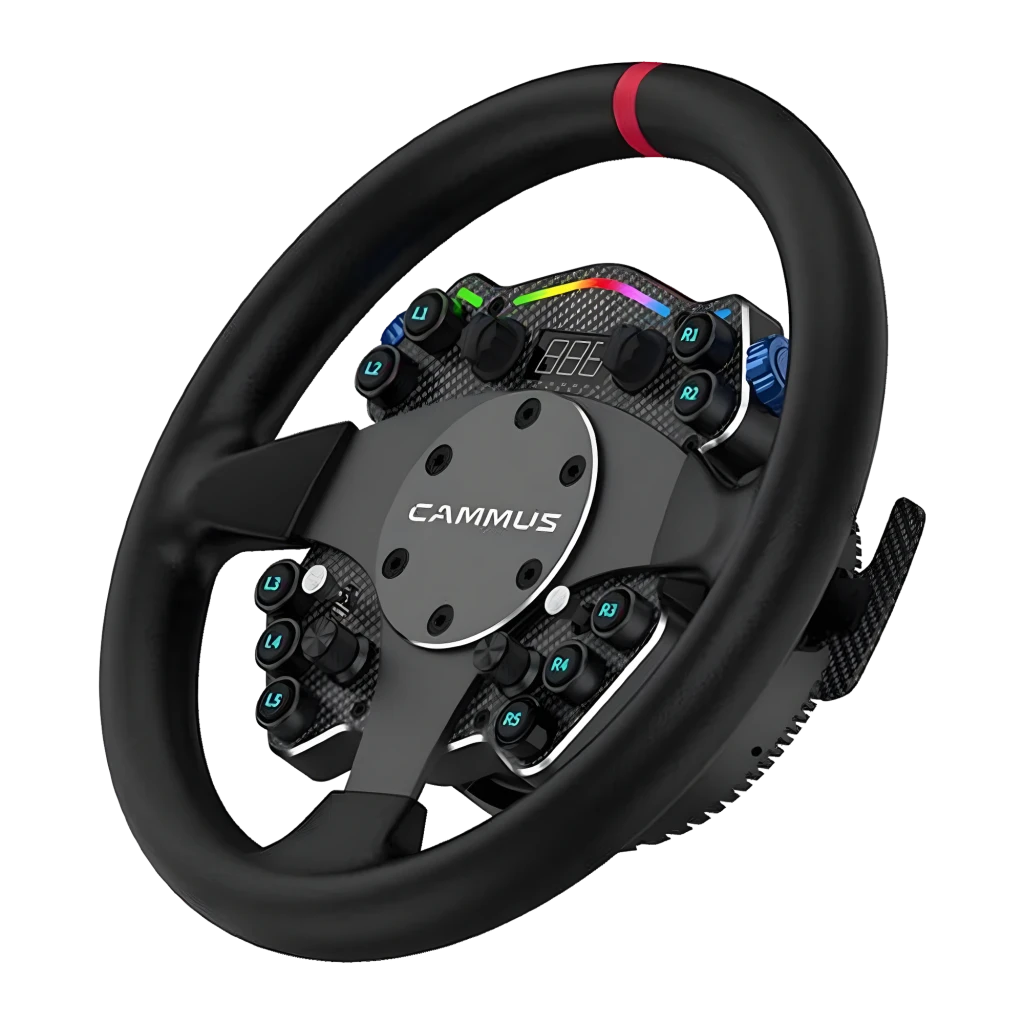 Cammus Volant C12 Noir, vue frontale: jante ronde, moyeu carbone avec boutons L/R, LEDs RGB et bande rouge en haut - Ítem1