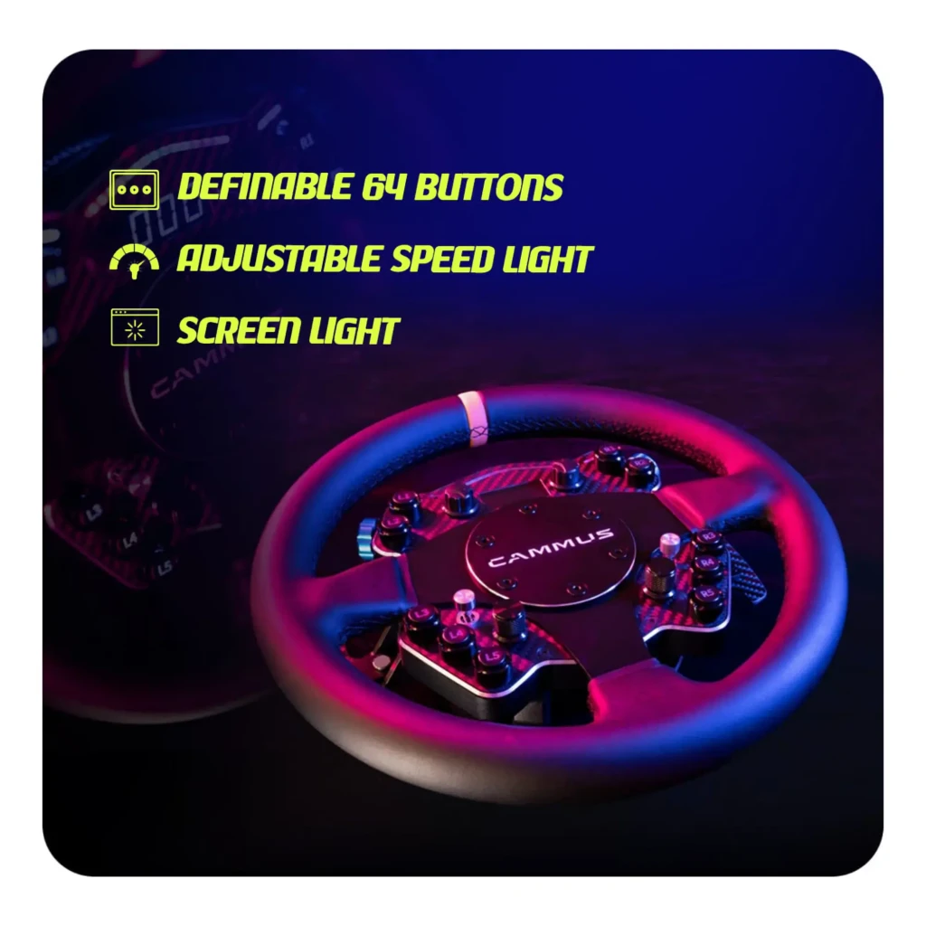 Cammus Volant C12 Noir, vue frontale: jante ronde, moyeu carbone avec boutons L/R, LEDs RGB et bande rouge en haut - Ítem3