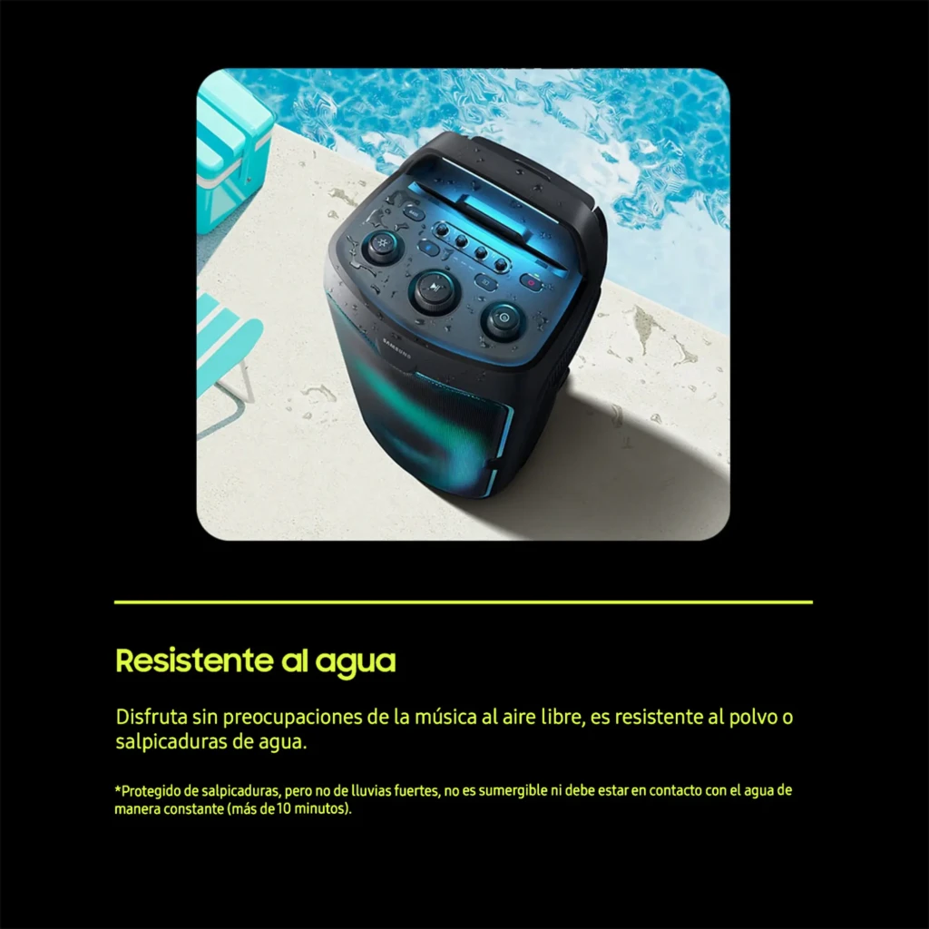 Samsung Enceinte de Fête MX-ST50F Noir, vue frontale en angle: éclairage LED vert-bleu intense, tweeter et woofer - Ítem6