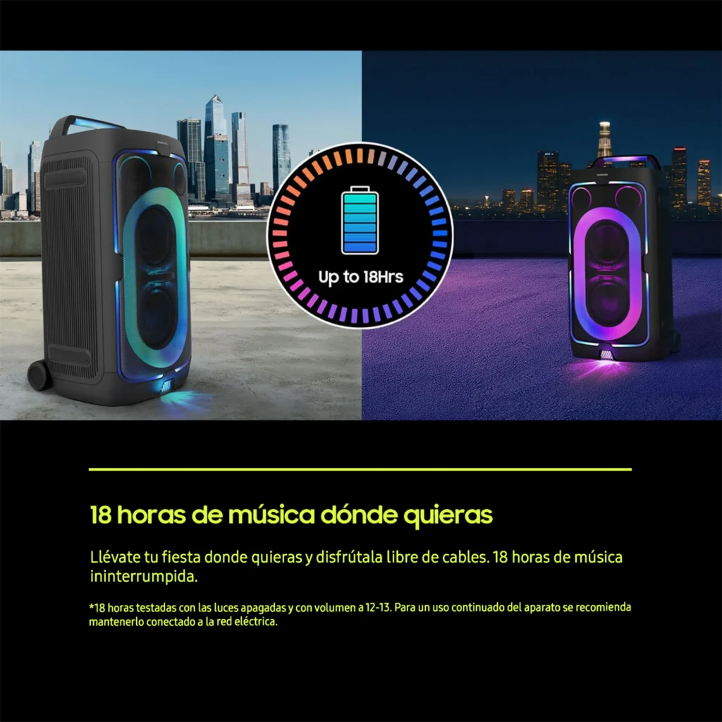 Samsung Enceinte de Fête MX-ST50F Noir, vue frontale en angle: éclairage LED vert-bleu intense, tweeter et woofer - Ítem7