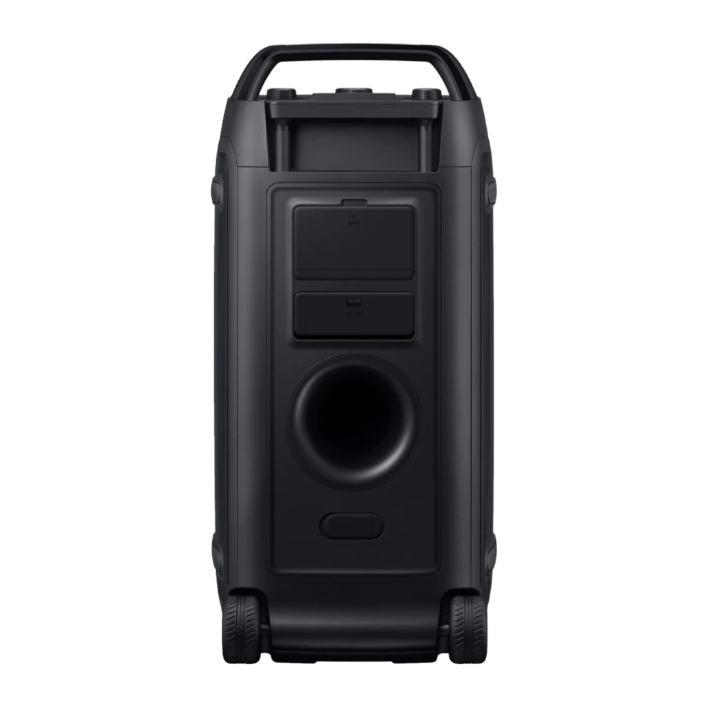 Samsung Enceinte de Fête MX-ST50F Noir, vue frontale en angle: éclairage LED vert-bleu intense, tweeter et woofer - Ítem3