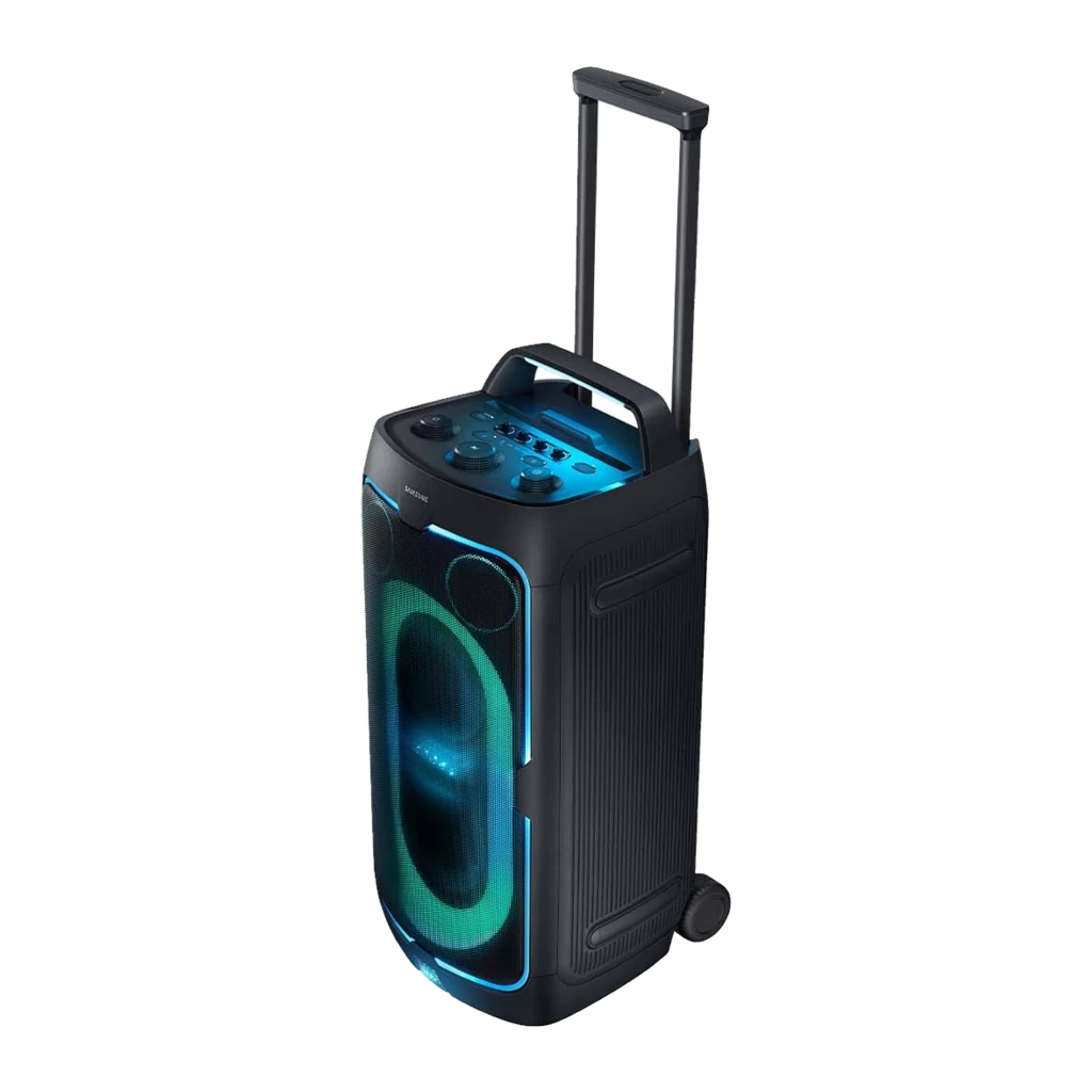 Samsung Enceinte de Fête MX-ST50F Noir, vue frontale en angle: éclairage LED vert-bleu intense, tweeter et woofer - Ítem2