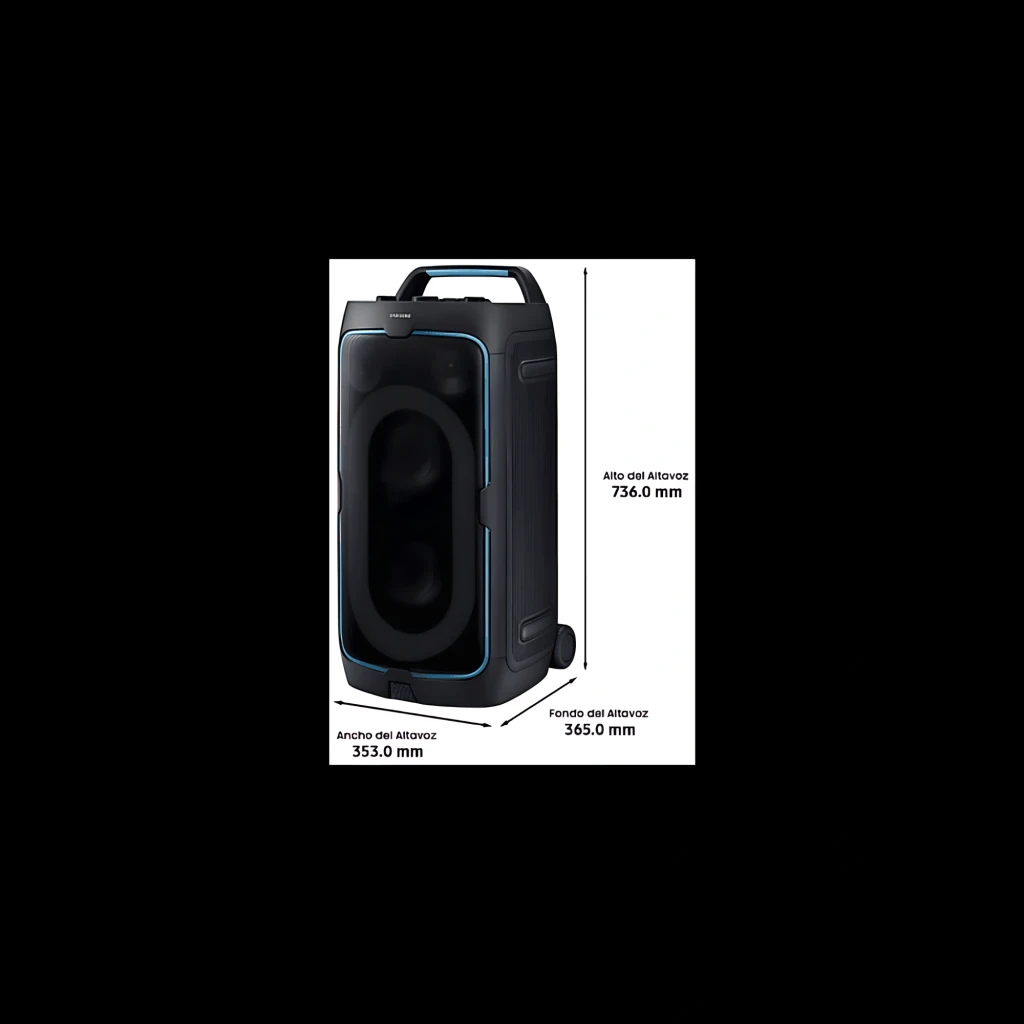 Samsung Enceinte de Fête MX-ST50F Noir, vue frontale en angle: éclairage LED vert-bleu intense, tweeter et woofer - Ítem4