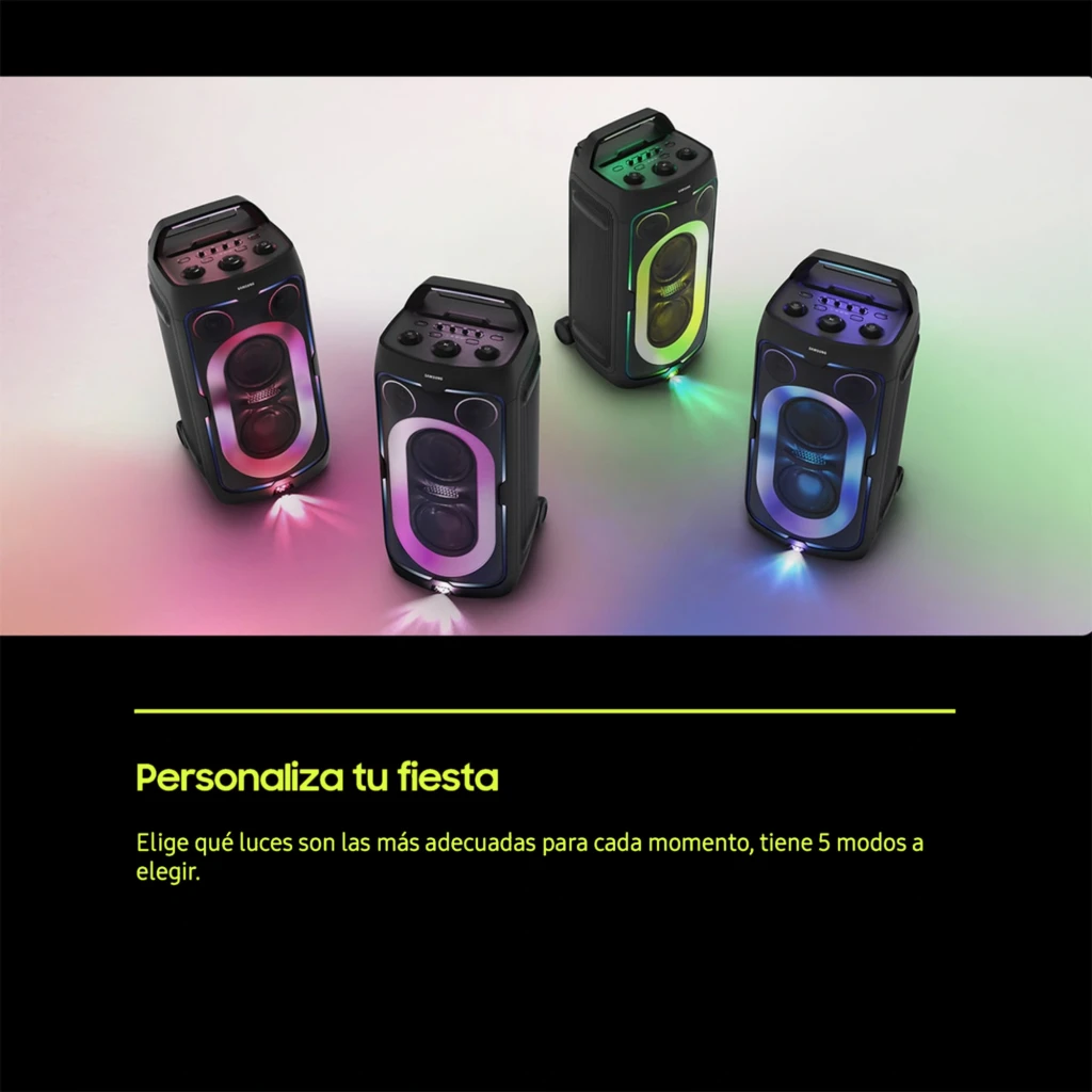 Samsung Enceinte de Fête MX-ST50F Noir, vue frontale en angle: éclairage LED vert-bleu intense, tweeter et woofer - Ítem5