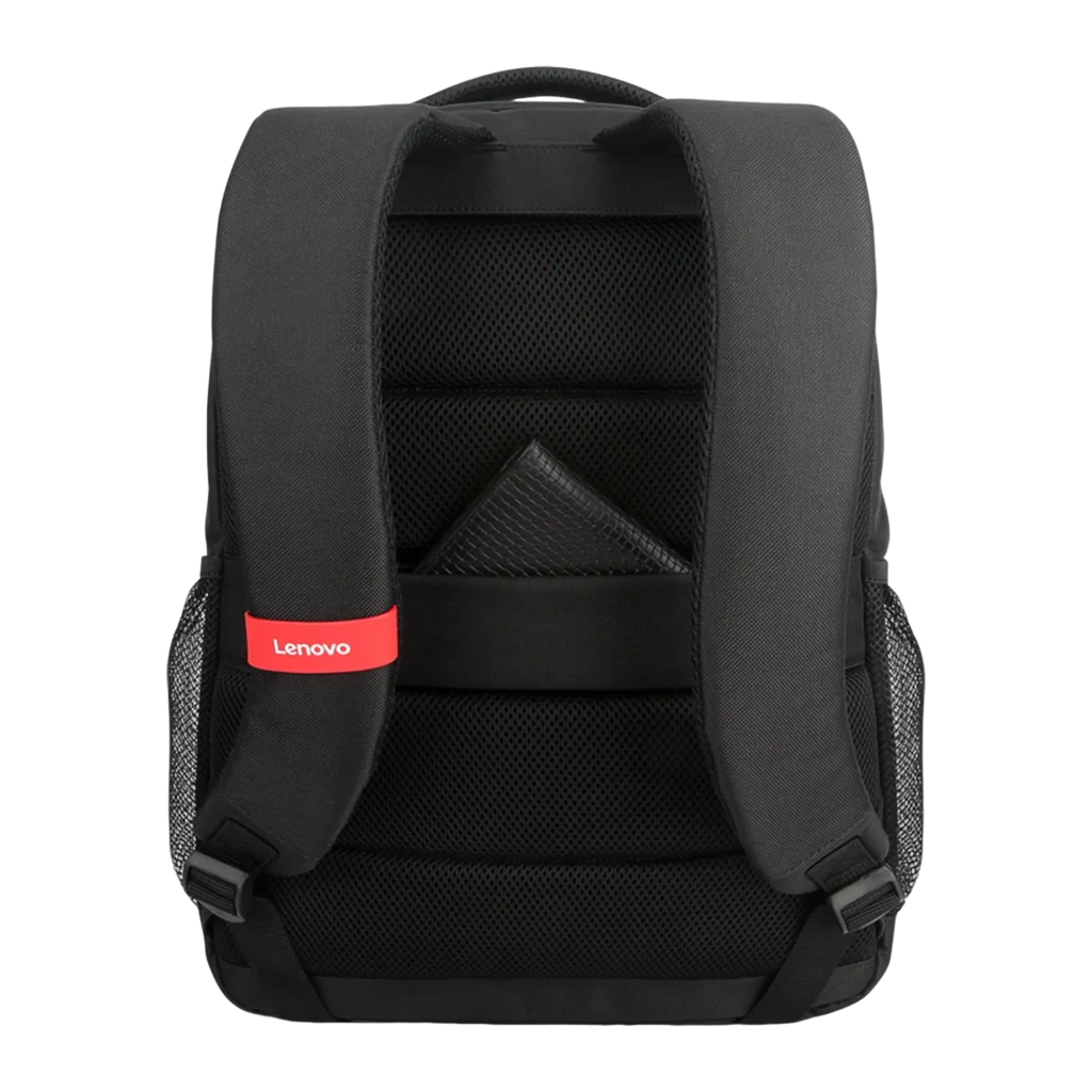 Lenovo Mochila B515 15.6 preto, vista frontal em ângulo: logótipo branco, fechos vermelhos e bolso lateral em malha - Item3