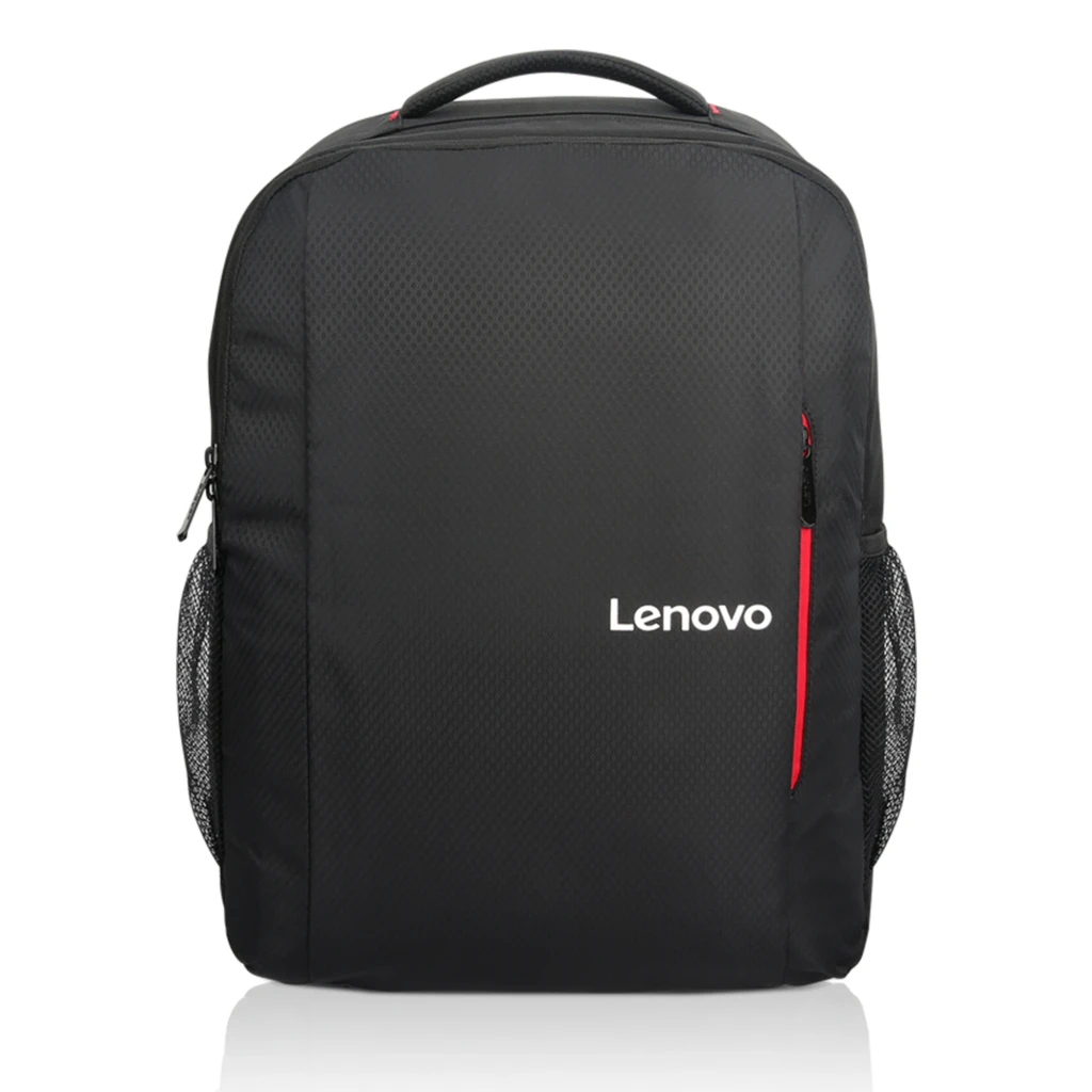 Lenovo Mochila B515 15.6 preto, vista frontal em ângulo: logótipo branco, fechos vermelhos e bolso lateral em malha - Item1