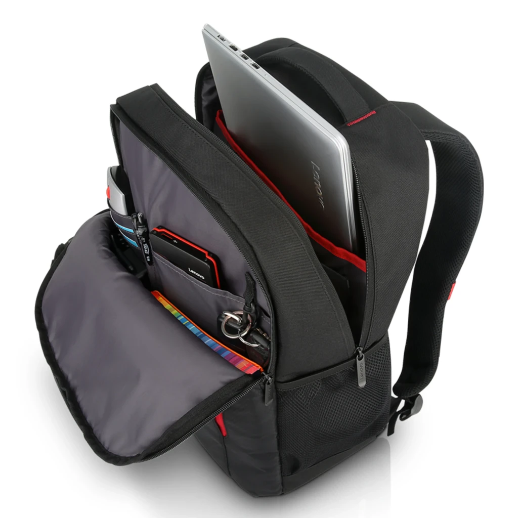 Lenovo Mochila B515 15.6 preto, vista frontal em ângulo: logótipo branco, fechos vermelhos e bolso lateral em malha - Item4