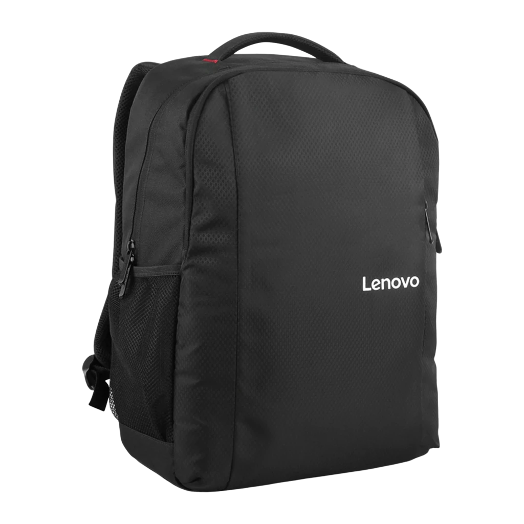 Lenovo Mochila B515 15.6 preto, vista frontal em ângulo: logótipo branco, fechos vermelhos e bolso lateral em malha - Item2