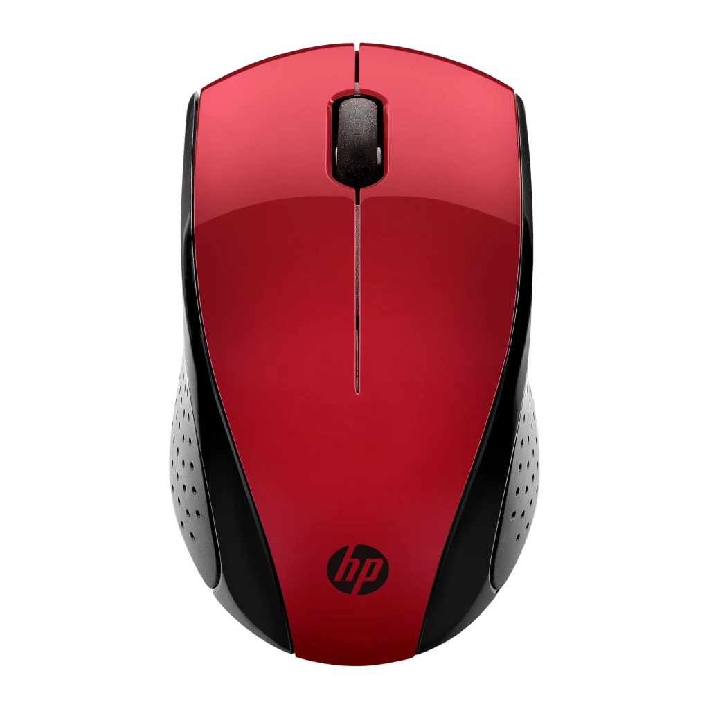 HP Wireless Mouse 220 Vermelho Ocaso, vista superior com receptor: rato vermelho e nano receptor USB sem fio à esquerda - Item1