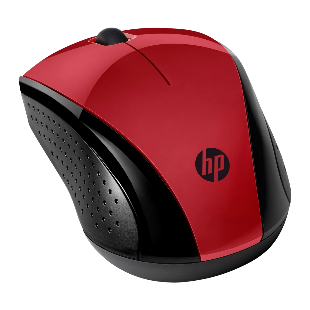 HP Wireless Mouse 220 Vermelho Ocaso, vista superior com receptor: rato vermelho e nano receptor USB sem fio à esquerda - Item2