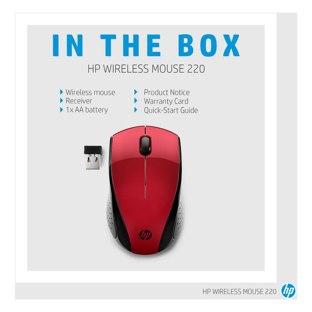 HP Wireless Mouse 220 Vermelho Ocaso, vista superior com receptor: rato vermelho e nano receptor USB sem fio à esquerda - Item3