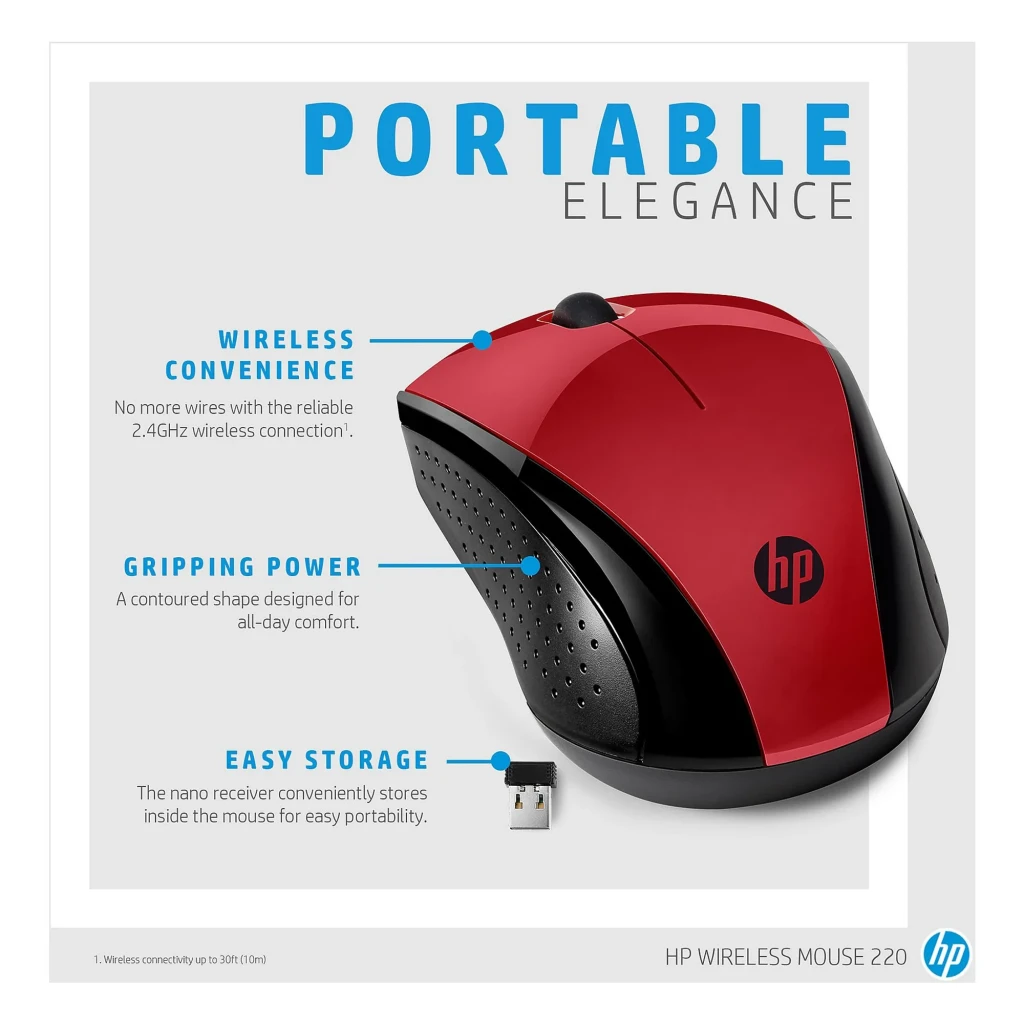 HP Wireless Mouse 220 Vermelho Ocaso, vista superior com receptor: rato vermelho e nano receptor USB sem fio à esquerda - Item4