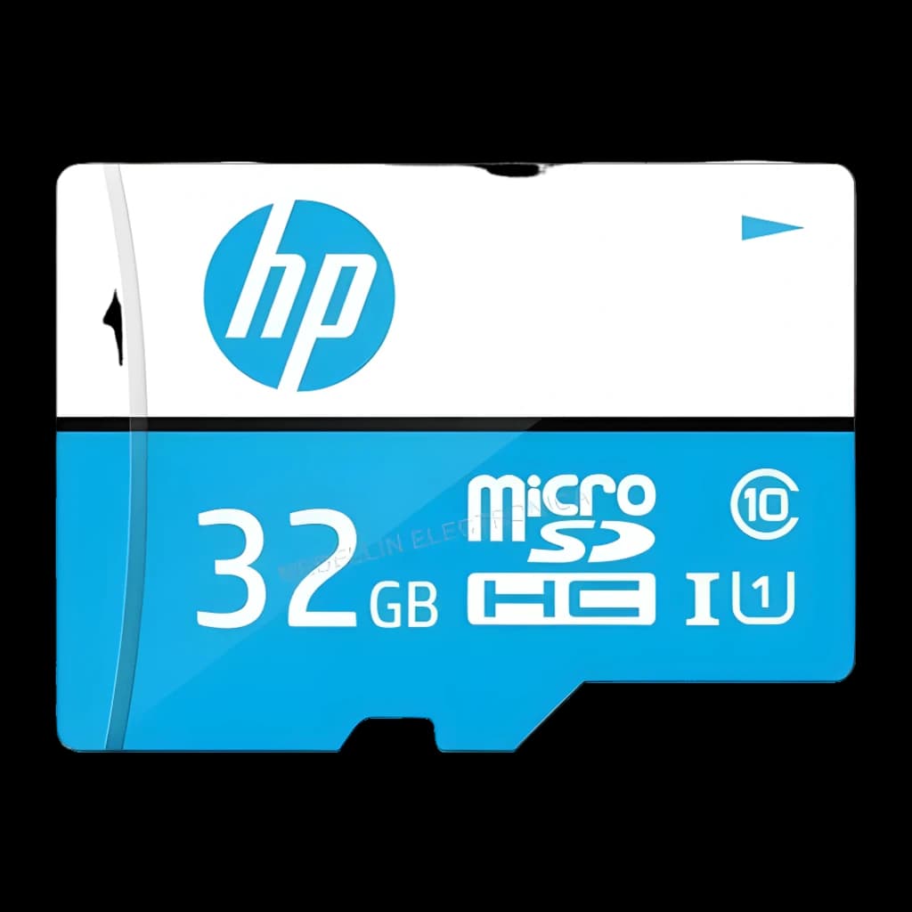 HP MicroSD mi210 32GB Blanco Azul, vista frontal: logo HP, capacidad 32GB, clase 10 UHS-I visibles