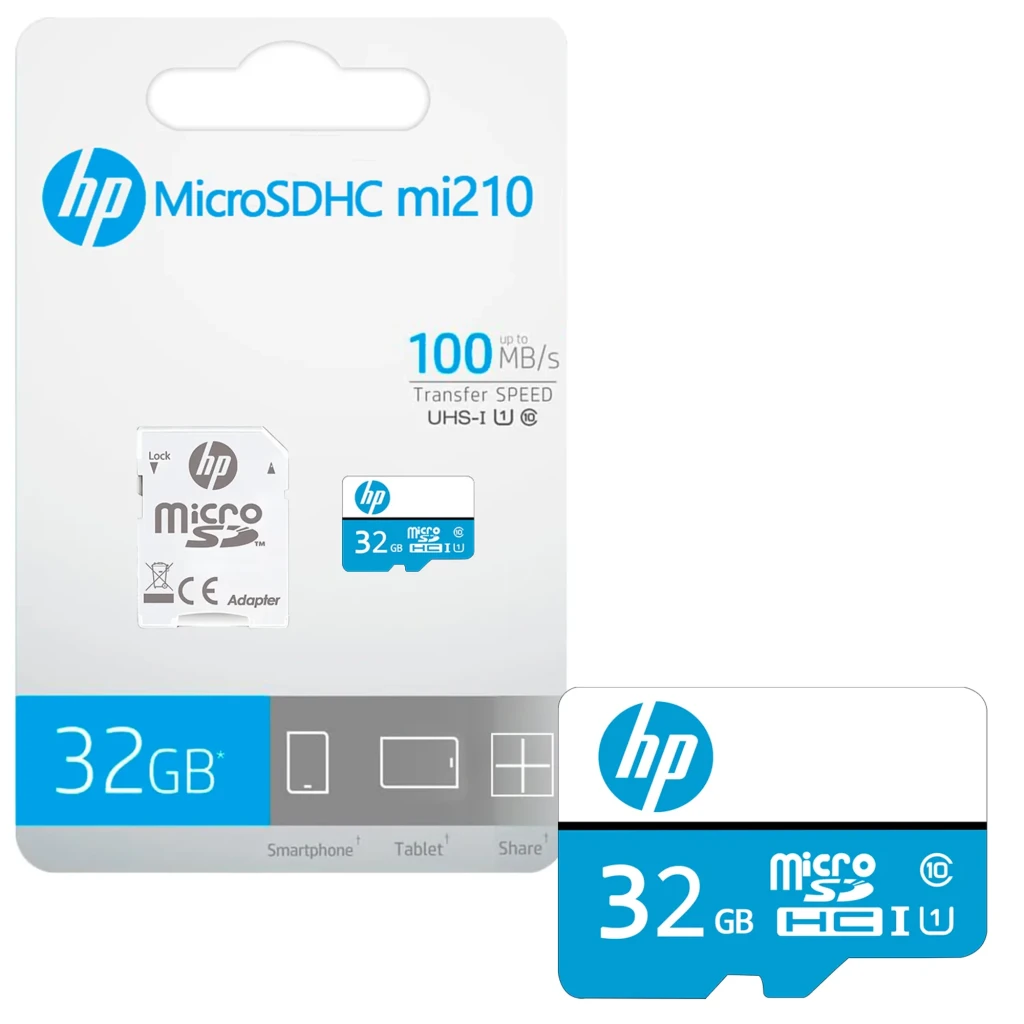 HP MicroSD mi210 32GB Blanco Azul, vista frontal: logo HP, capacidad 32GB, clase 10 UHS-I visibles - Ítem2