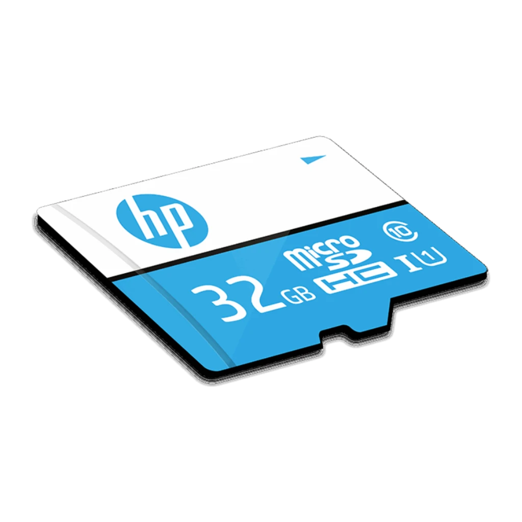 HP MicroSD mi210 32GB Blanco Azul, vista frontal: logo HP, capacidad 32GB, clase 10 UHS-I visibles - Ítem1