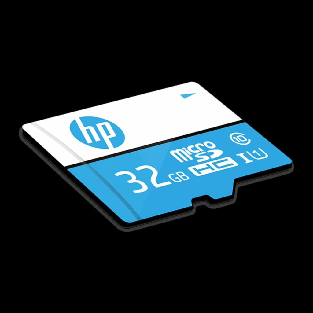 HP MicroSD mi210 32GB Blanco/Azul, vista en perspectiva: cara frontal con logo HP y capacidad 32GB visibles