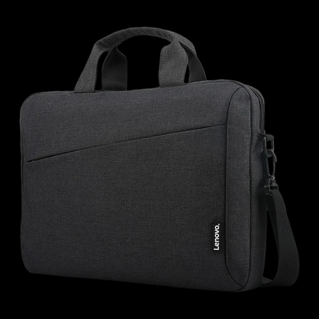 Lenovo Maleta Casual Topload T210 15.6" preta, vista frontal em ângulo: tecido texturizado, alça dupla, bolso frontal e alça