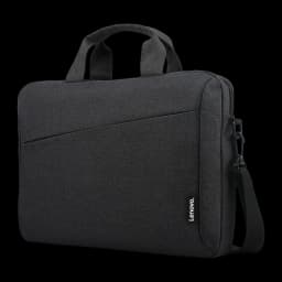 Lenovo Maleta Casual Topload T210 15.6" preta, vista frontal em ângulo: tecido texturizado, alça dupla, bolso frontal e alça