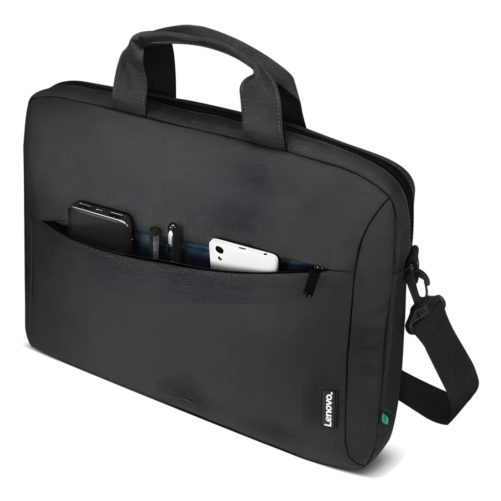 Lenovo Mala Casual Topload T210 15.6" Preto, vista frontal em ângulo: bolso dianteiro aberto com telemóvel, caneta e tablet,