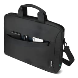 Lenovo Mala Casual Topload T210 15.6" Preto, vista frontal em ângulo: bolso dianteiro aberto com telemóvel, caneta e tablet,