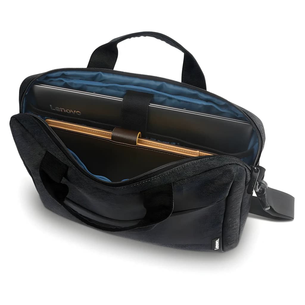 Lenovo Mala Casual Topload T210 15.6 polegadas Preta, interior aberto: compartimento azul com portátil e tablet dourado