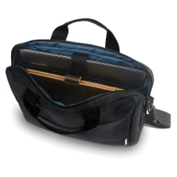 Lenovo Mala Casual Topload T210 15.6 polegadas Preta, interior aberto: compartimento azul com portátil e tablet dourado