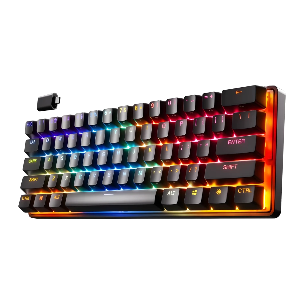 SteelSeries Apex Pro Mini Wireless preto, vista superior: retroiluminação RGB multicolor em layout compacto 60% QWERTY - Item1