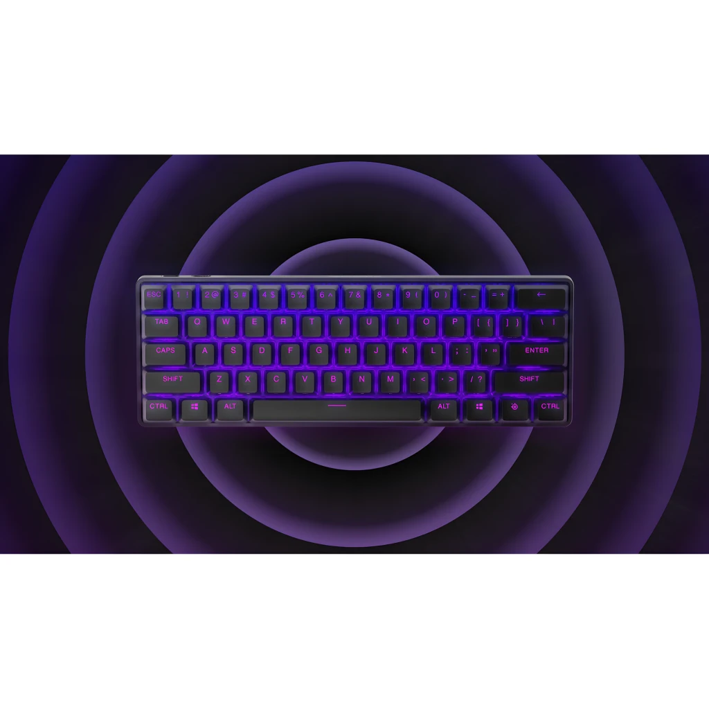 SteelSeries Apex Pro Mini Wireless preto, vista superior: retroiluminação RGB multicolor em layout compacto 60% QWERTY - Item5