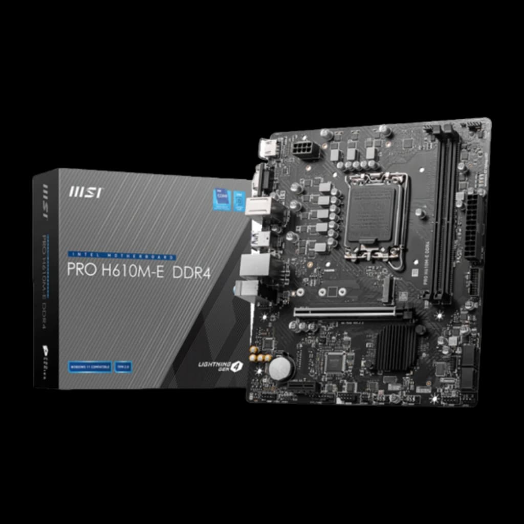 MSI PRO H610M-E DDR4, vue principale: carte mère noire avec boîte, socket LGA1700, slots DDR4 et PCIe visibles