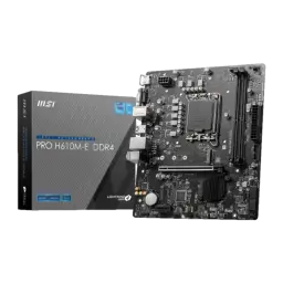 MSI PRO H610M-E DDR4, vue principale: carte mère noire avec boîte, socket LGA1700, slots DDR4 et PCIe visibles