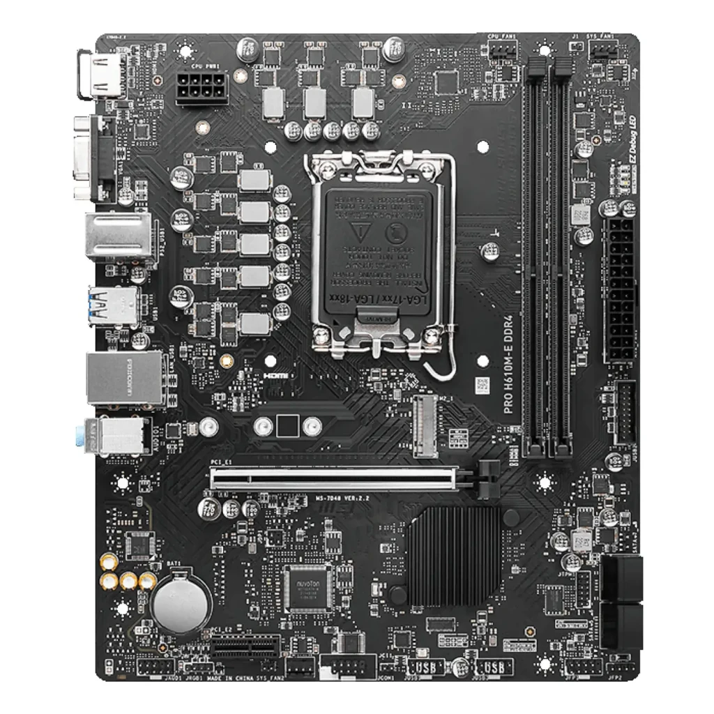 MSI PRO H610M-E DDR4, vista principal: placa-mãe preta com caixa, socket LGA1700, slots DDR4 e PCIe visíveis - Item1